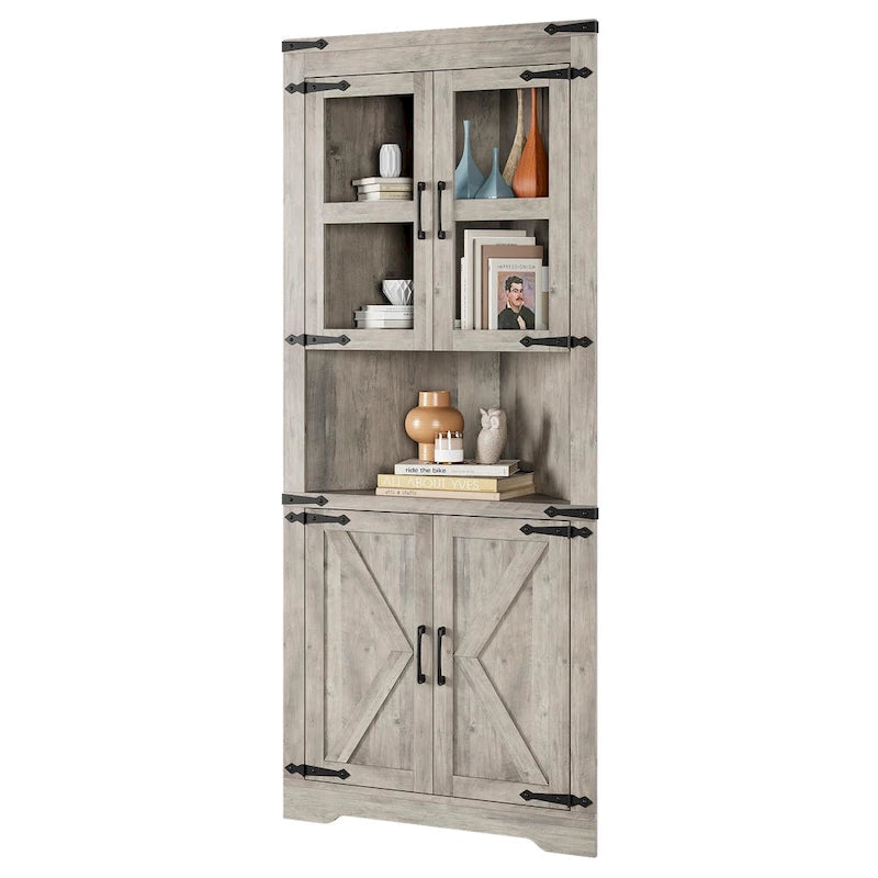 Hoher Eckschrank mit Scheunentor und verstellbaren Regalböden