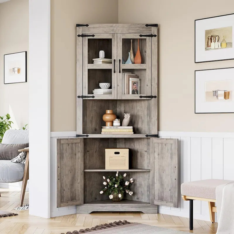 Tall Corner Storage Cabinet with Barn Door & Adjustable Shelves