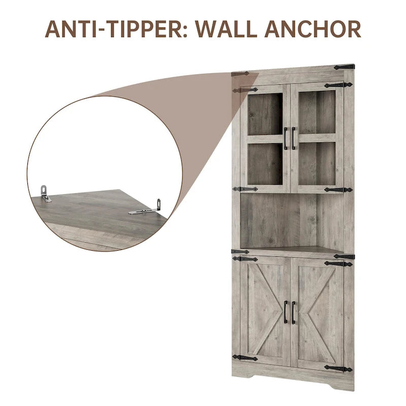 Tall Corner Storage Cabinet with Barn Door & Adjustable Shelves