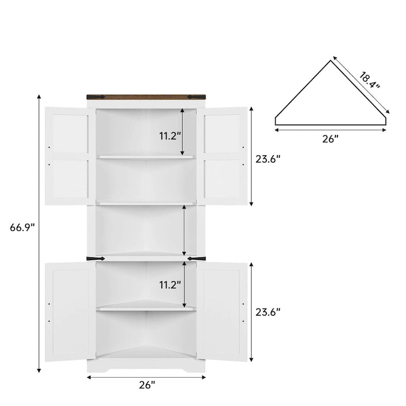 Hoher Eckschrank mit Scheunentor und verstellbaren Regalböden