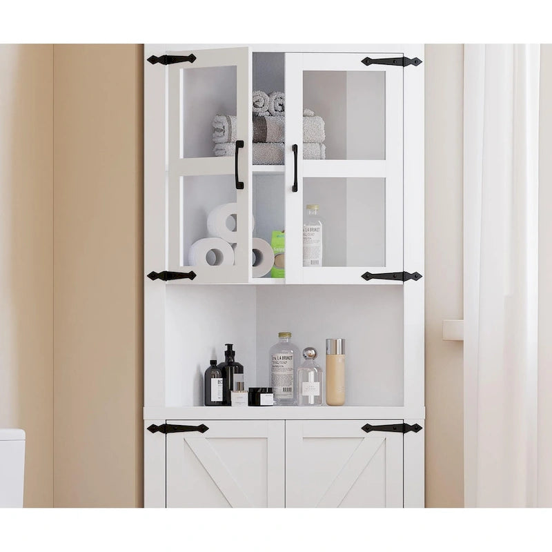 Hoher Eckschrank mit Scheunentor und verstellbaren Regalböden