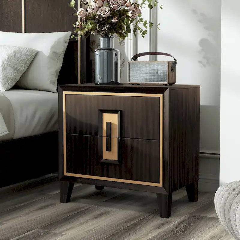 2-Drawer Espresso Nightstand with Gold Accent Trim