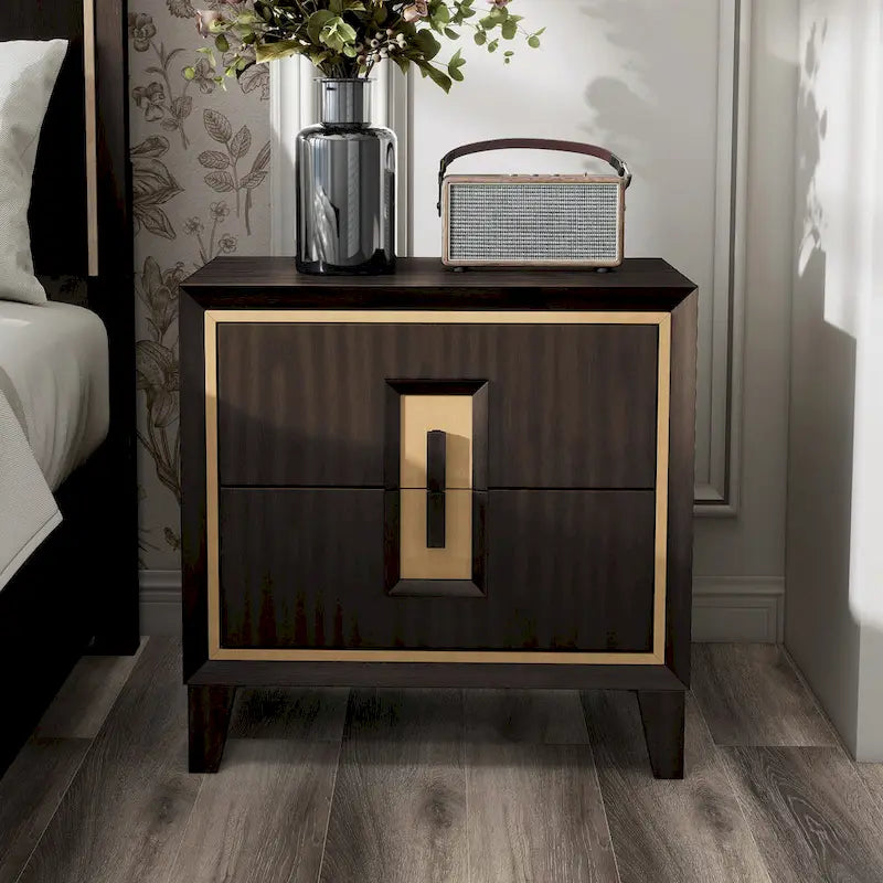 2-Drawer Espresso Nightstand with Gold Accent Trim