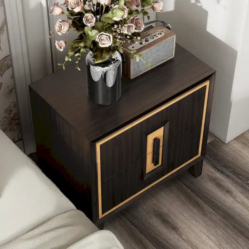 2-Drawer Espresso Nightstand with Gold Accent Trim