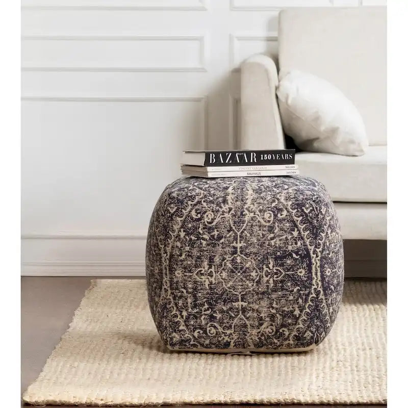 Quadratischer Pouf-Hocker, 20 Zoll, blau und elfenbeinfarben