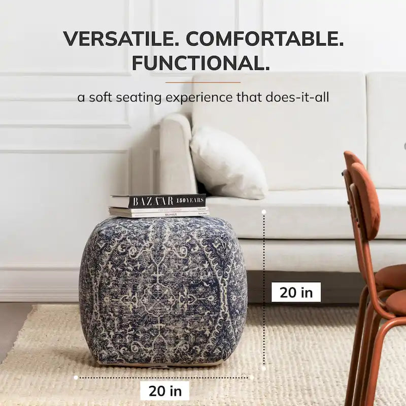 20-inch Blue & Ivory Square Pouf Ottoman