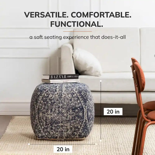 20-inch Blue & Ivory Square Pouf Ottoman