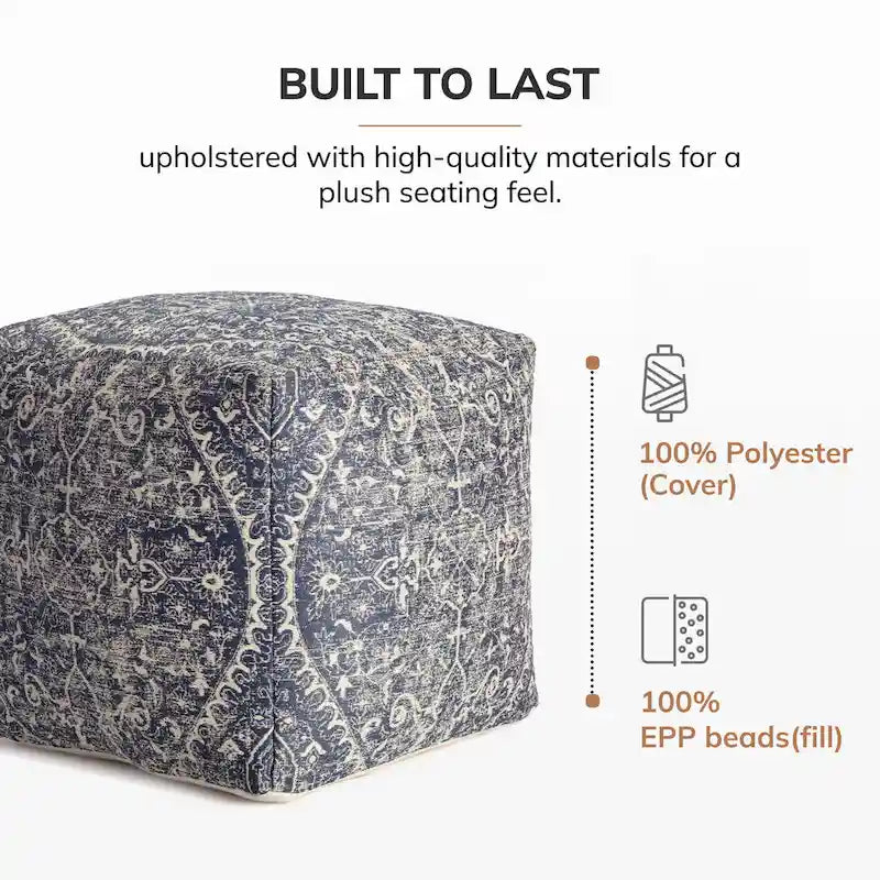 20-inch Blue & Ivory Square Pouf Ottoman