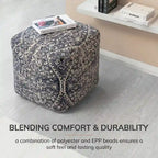 Quadratischer Pouf-Hocker, 20 Zoll, blau und elfenbeinfarben