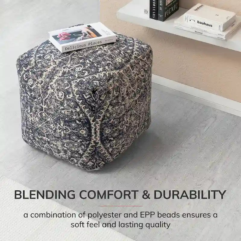 20-inch Blue & Ivory Square Pouf Ottoman