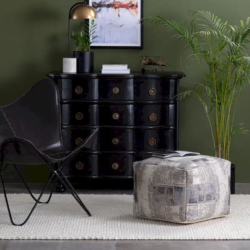 Pouf carré gris et ivoire de 22 pouces