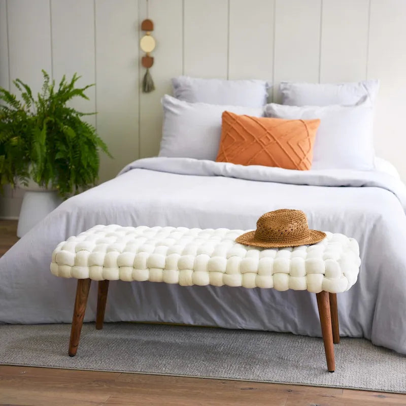 Woven Velvet Upholstered Bench with Wood Legs