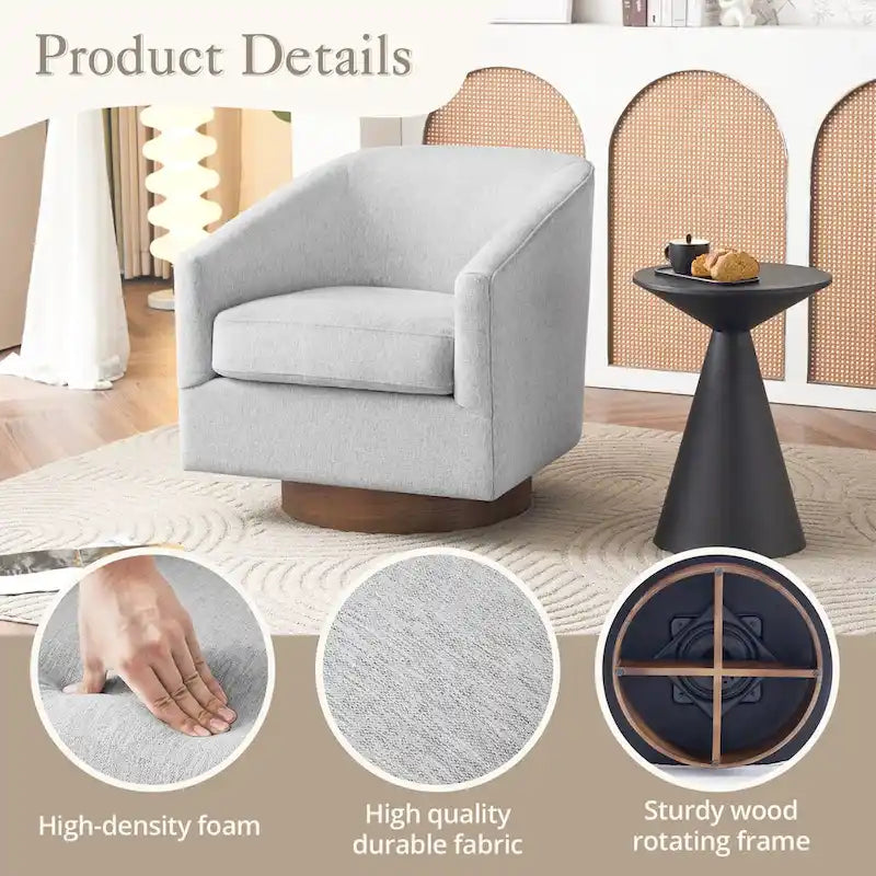Swivel Barrel Accent Chair with Upholstered Fabric and Wood Base