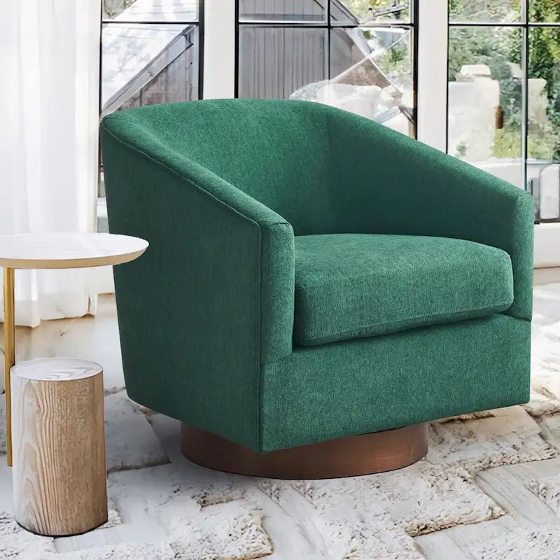 Swivel Barrel Accent Chair with Upholstered Fabric and Wood Base