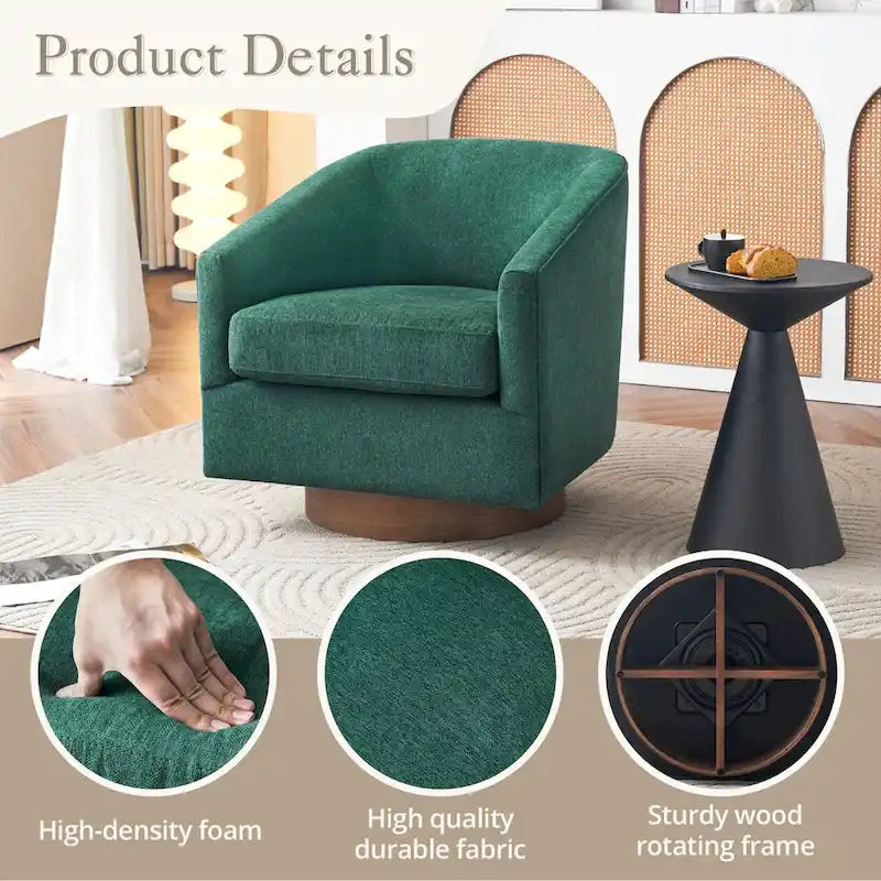 Swivel Barrel Accent Chair with Upholstered Fabric and Wood Base
