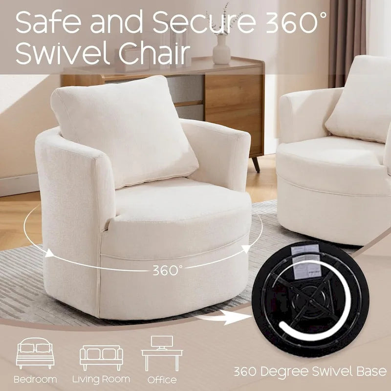 Swivel Accent Barrel Chair with Round Arms and Pillow