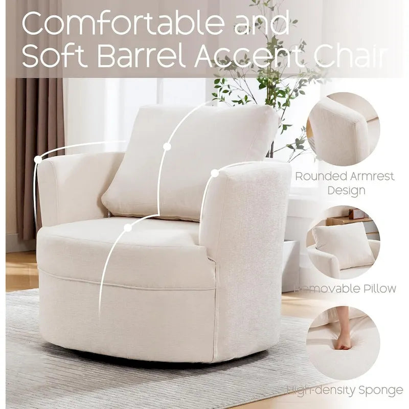 Swivel Accent Barrel Chair with Round Arms and Pillow