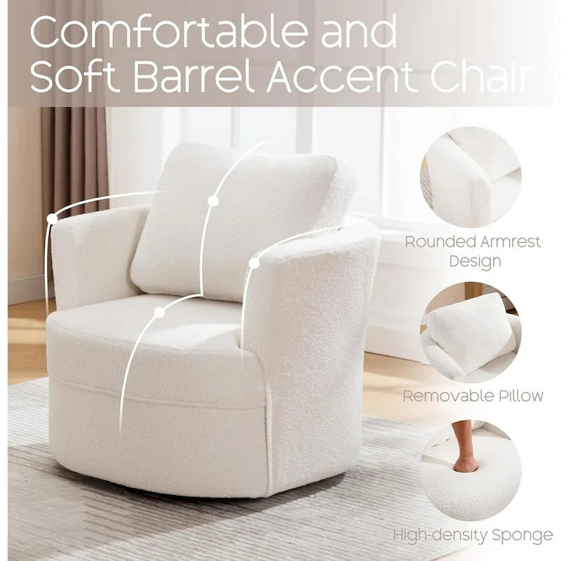 Swivel Accent Barrel Chair with Round Arms and Pillow