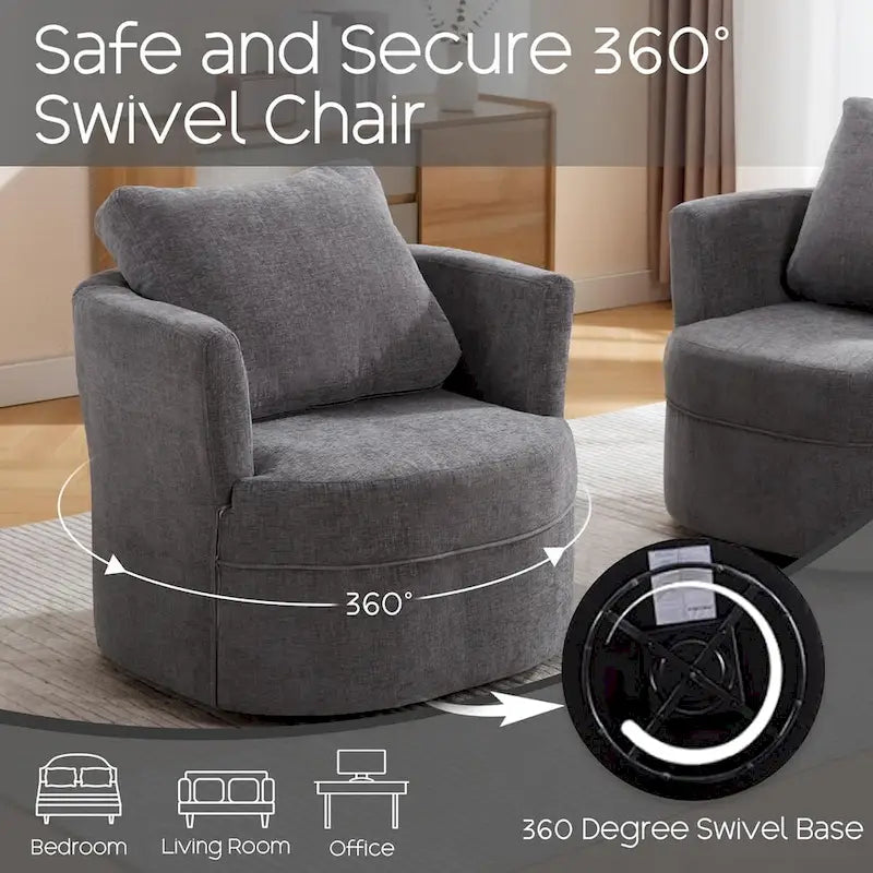 Swivel Accent Barrel Chair with Round Arms and Pillow