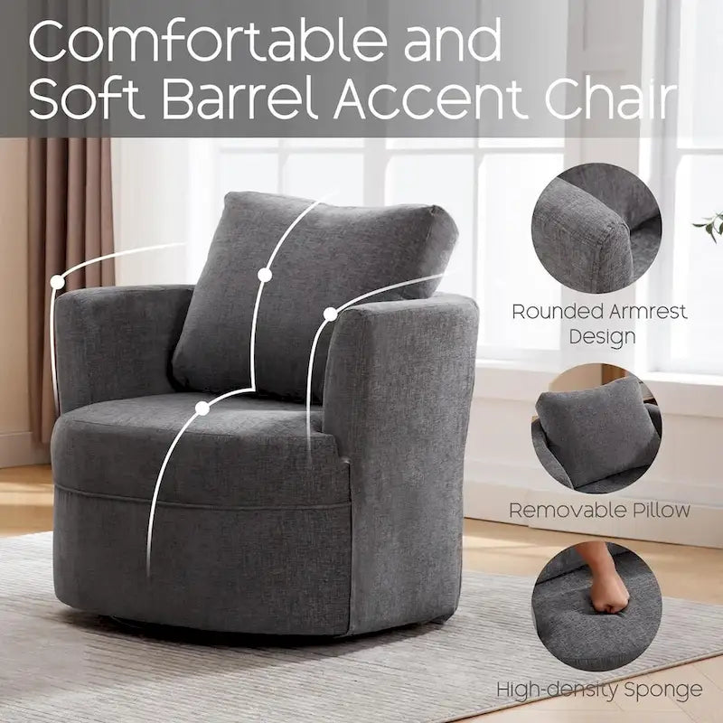 Swivel Accent Barrel Chair with Round Arms and Pillow