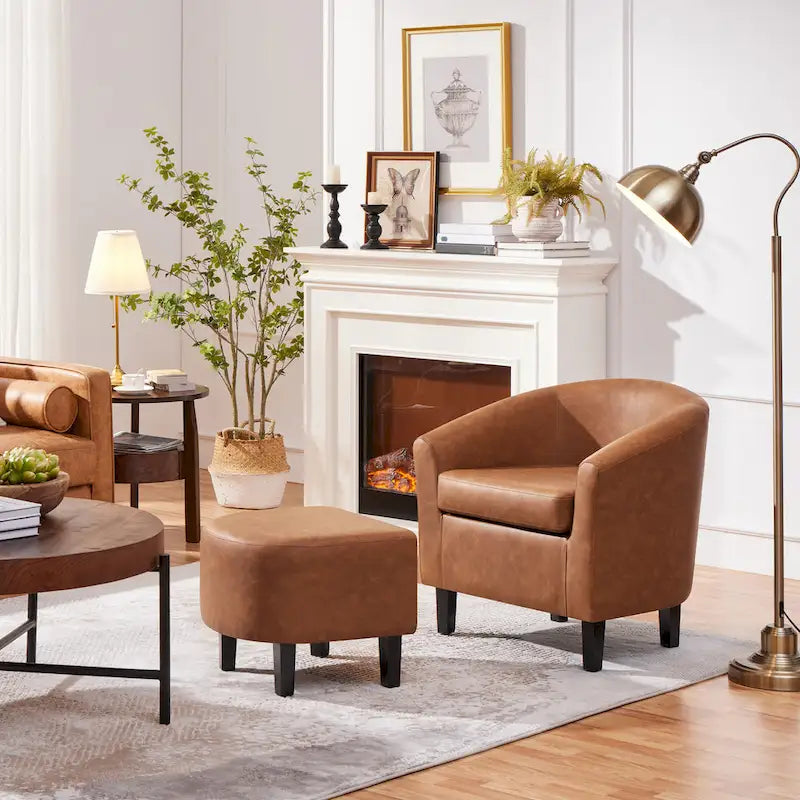 Ensemble fauteuil d’appoint et pouf en similicuir