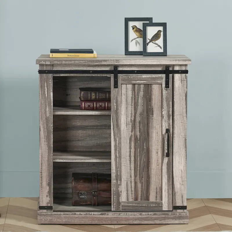 32 in. Sliding Barn Door Accent Cabinet with Adjustable Shelves