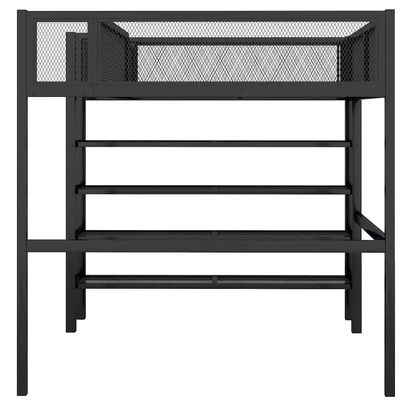 Full Size Metal Loft Bed with 4-Tier Shelves and Workstation