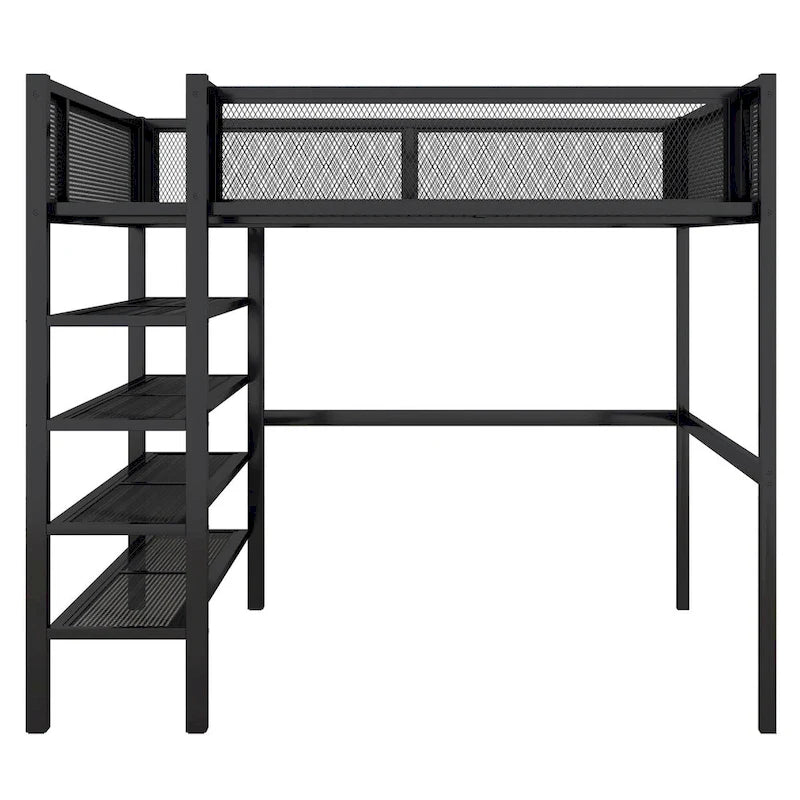 Full Size Metal Loft Bed with 4-Tier Shelves and Workstation