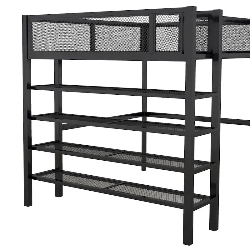 Full Size Metal Loft Bed with 4-Tier Shelves and Workstation