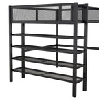 Full Size Metal Loft Bed with 4-Tier Shelves and Workstation