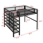 Full Size Metal Loft Bed with 4-Tier Shelves and Workstation