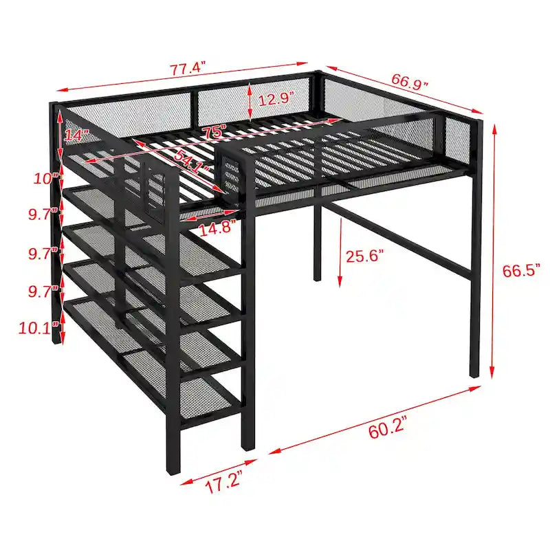 Full Size Metal Loft Bed with 4-Tier Shelves and Workstation