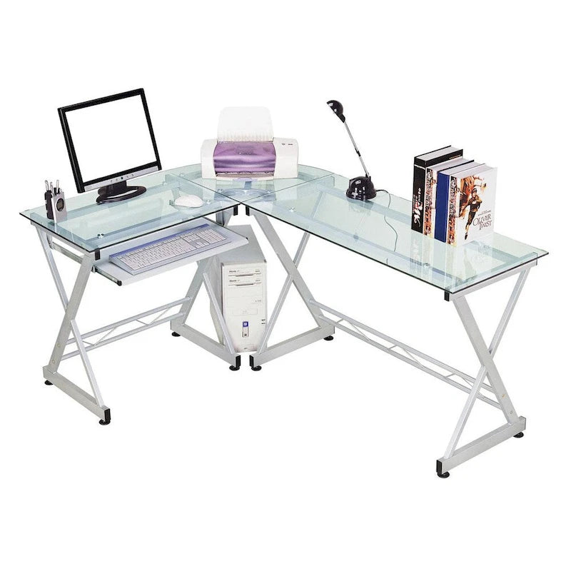 L-Shaped Computer Desk with Tempered Glass Top