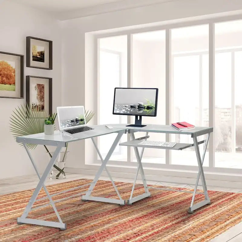 L-Shaped Computer Desk with Tempered Glass Top