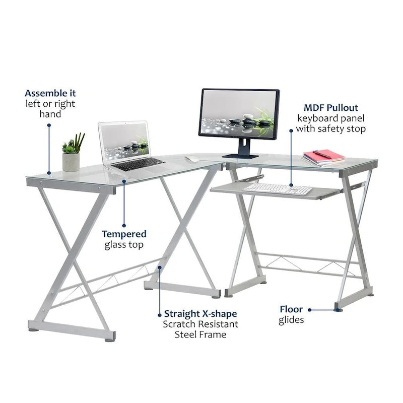 L-Shaped Computer Desk with Tempered Glass Top