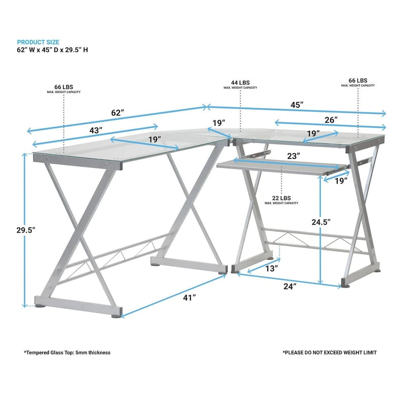 L-Shaped Computer Desk with Tempered Glass Top