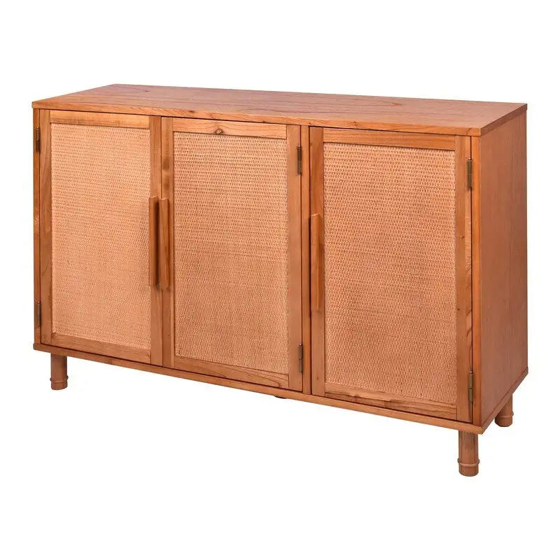Hellblonder Schrank mit 3 Türen und Rattanpaneelen