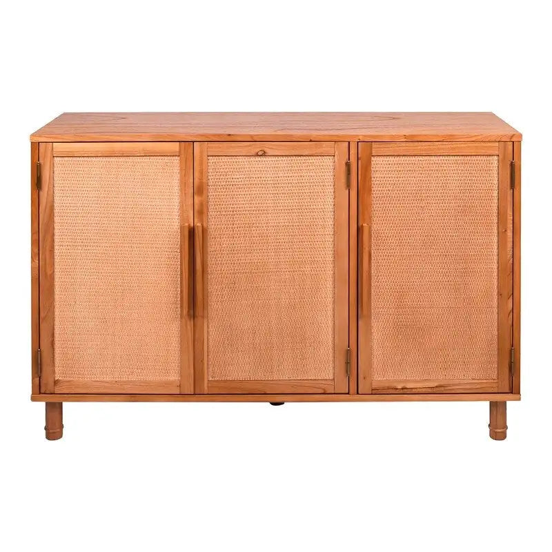 Hellblonder Schrank mit 3 Türen und Rattanpaneelen