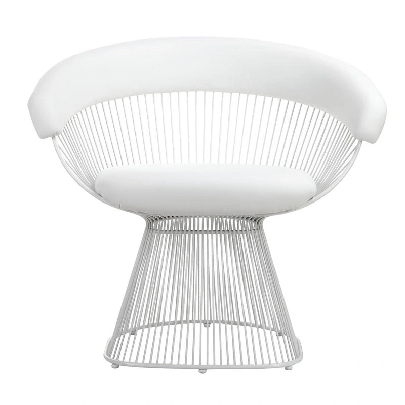 33 Inch Accent Chair, Slatted Metal Curved Back, White Faux Leather