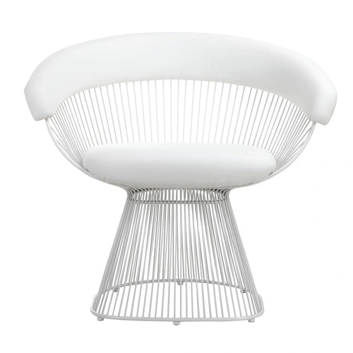 33 Inch Accent Chair, Slatted Metal Curved Back, White Faux Leather