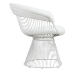 33 Inch Accent Chair, Slatted Metal Curved Back, White Faux Leather