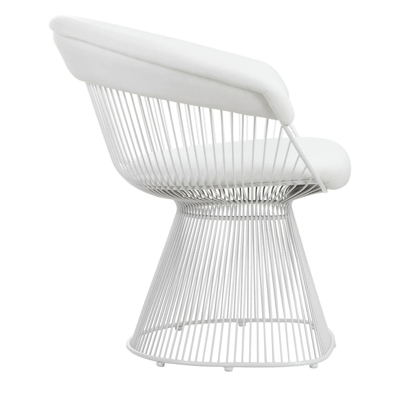 33 Inch Accent Chair, Slatted Metal Curved Back, White Faux Leather