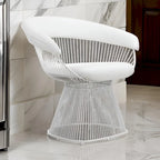 33 Inch Accent Chair, Slatted Metal Curved Back, White Faux Leather