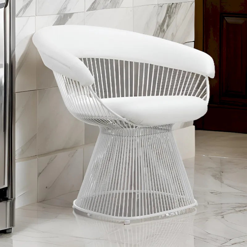 33 Inch Accent Chair, Slatted Metal Curved Back, White Faux Leather