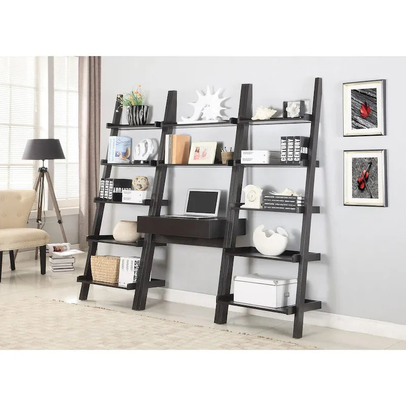 2-Shelf Ladder Desk with Drawer in Cappuccino Finish
