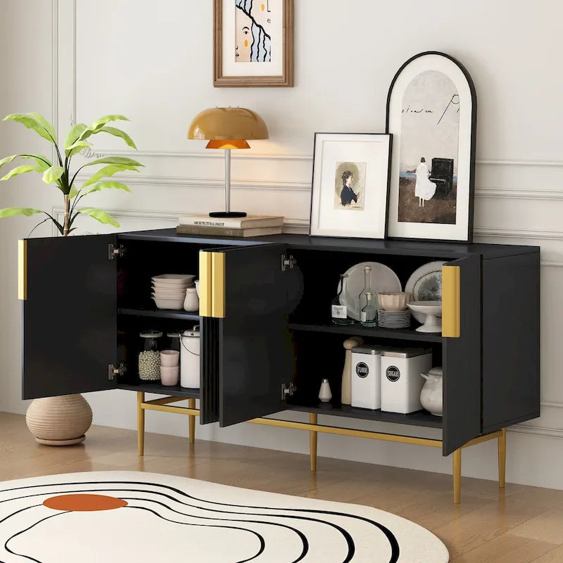 Buffet 4 portes avec poignées en métal doré, 60"L x 15.2"W x 30.9"H