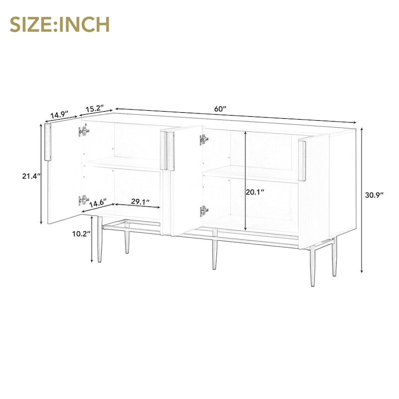 Buffet 4 portes avec poignées en métal doré, 60"L x 15.2"W x 30.9"H