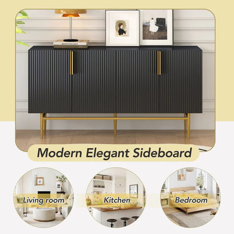 Buffet 4 portes avec poignées en métal doré, 60"L x 15.2"W x 30.9"H