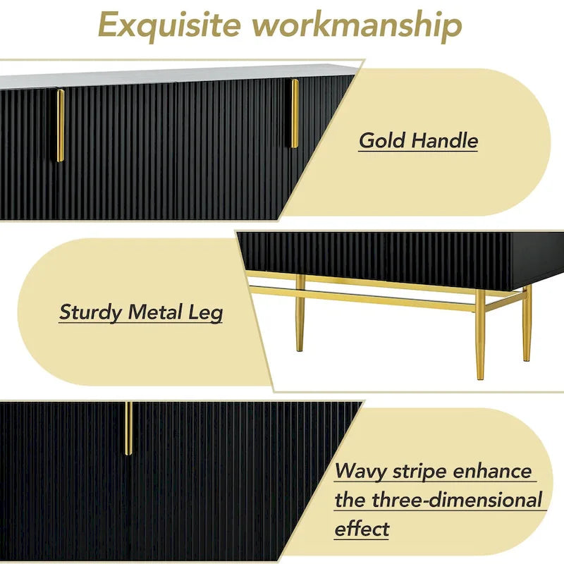 Buffet 4 portes avec poignées en métal doré, 60"L x 15.2"W x 30.9"H