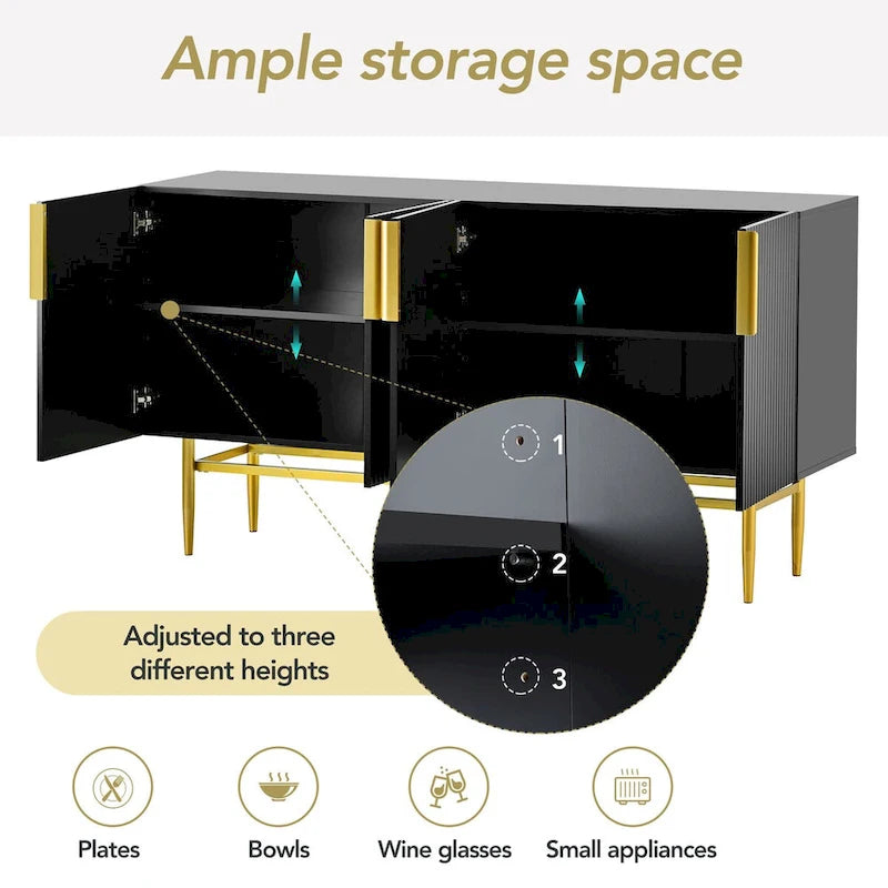 Buffet 4 portes avec poignées en métal doré, 60"L x 15.2"W x 30.9"H